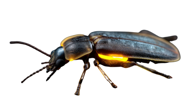 Dark coloured firefly is seen glowing with bright bioluminescent light in night environment showcasing natural illumination isolated on white background
