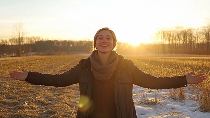 Woman embracing golden sunset