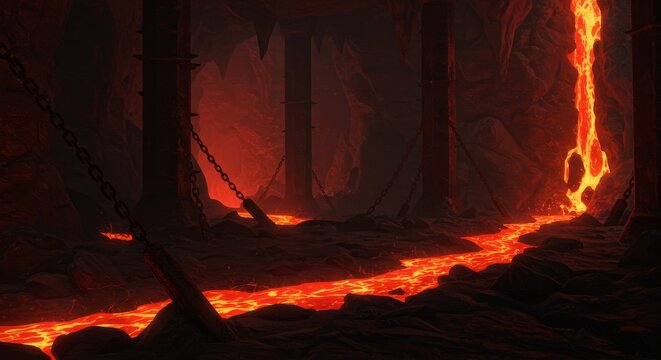 Lava River in Hell Infernal Landscape, Dark Fantasy Illustration - Powered by Adobe