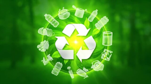 Eco-Friendly Recycling Symbol with Surrounding Icons - This video features a prominent recycling symbol at the center, surrounded by various icons representing recyclable materials such as bottles,