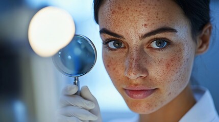 Woman examines skin with magnifying glass in a lab setting. Close-up shot