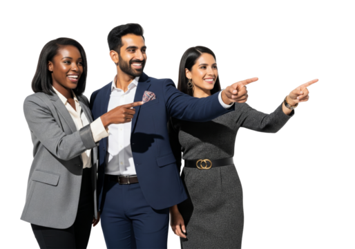 Business team of people standing and talking animatedly, pointing something isolated on white or transparent background