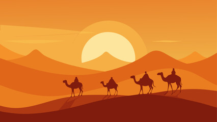 Camels caravan in desert during sunset time