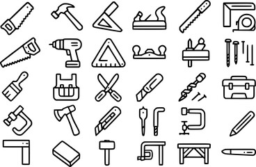 Fototapeta premium Vector outline, icon pack, icon sheet, carpentry tools theme