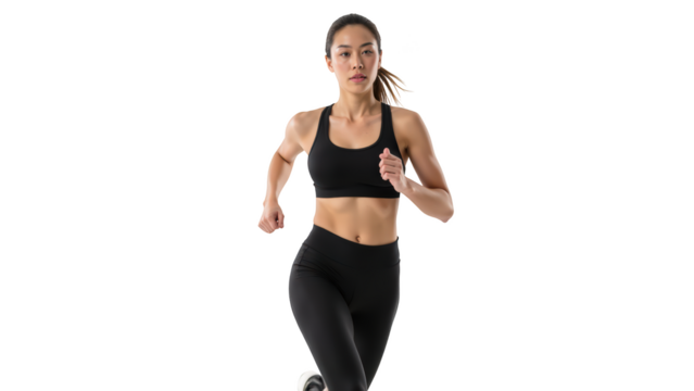 Athletic woman running in activewear, showcasing strength and determination. image captures dynamic moment of fitness and movement