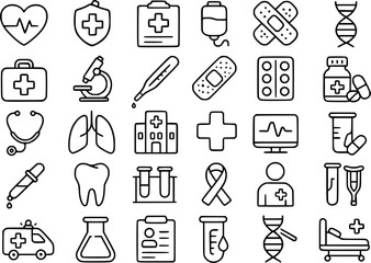 Naklejka premium Vector outline, icon pack, icon sheet, medical theme