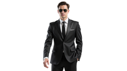 Elegant man in black suit and sunglasses exudes confidence and sophistication, perfect for formal events or business settings