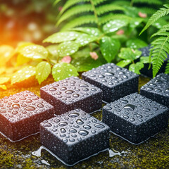 Dew-covered cube garden lights on moss surrounded by lush green ferns and sunlight