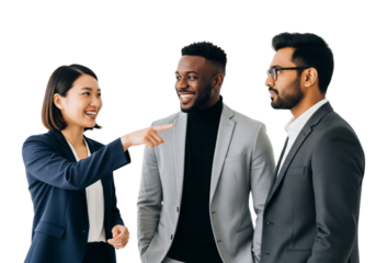 Business team of people standing and talking animatedly, pointing something isolated on white or transparent background