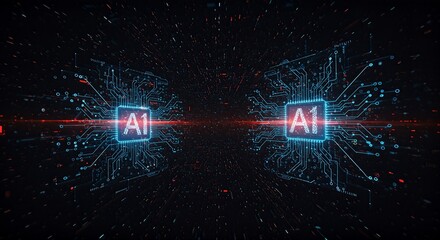 Two AI processors connected by a red light, representing data transfer and processing.
