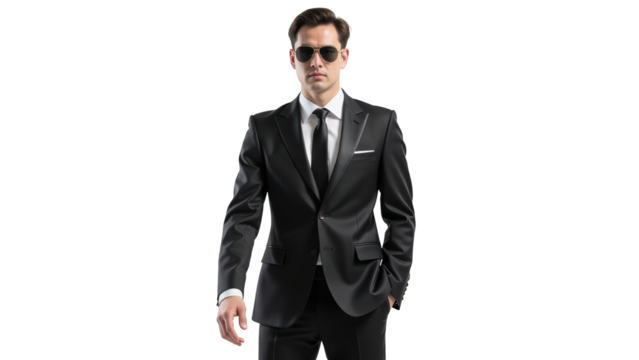 Elegant man in black suit and sunglasses exudes confidence and sophistication, perfect for formal events or business settings - Powered by Adobe