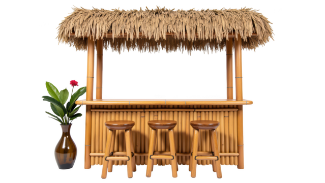Tropical bamboo bar with thatched roof, featuring wooden stools and decorative plant in vase, creates relaxing atmosphere