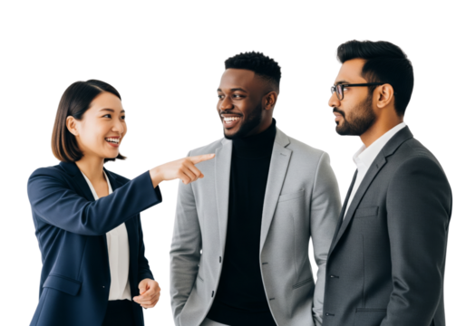 Business team of people standing and talking animatedly, pointing something isolated on white or transparent background