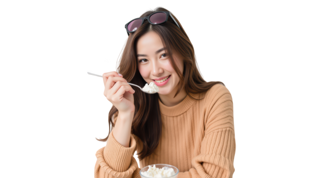 Delightful young woman enjoying dessert with smile, wearing sunglasses and cozy sweater - Powered by Adobe
