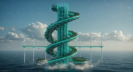 Futuristic spiral skyscraper rising from the ocean, surrounded by wind turbines, and connected by bridges.