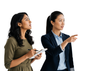 Business team of people standing and talking animatedly, pointing something isolated on white or transparent background