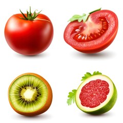 Fototapeta premium Fresh Fruits and Vegetables Collection: Tomato, Kiwi, Orange, Grapefruit Slices