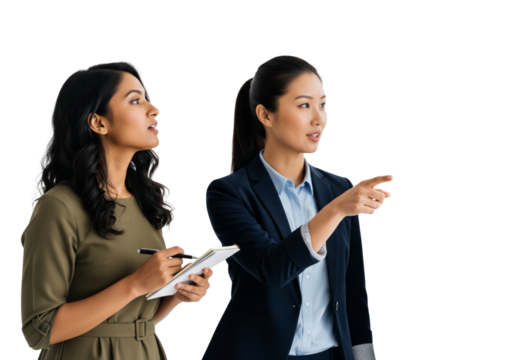 Business team of people standing and talking animatedly, pointing something isolated on white or transparent background