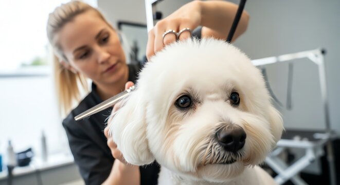 Dog grooming with scissors and professional stylist