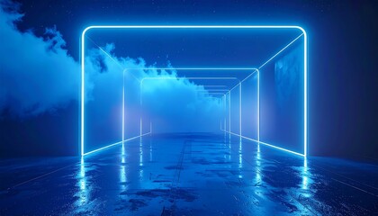 Neon-lit corridor with ethereal clouds against a starry, blue backdrop