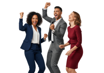 Office team of professionals celebrating together and laughing isolated on white or transparent background