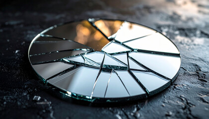 Shattered circular mirror reflecting fragmented reality on a dark, textured surface, symbolizing brokenness, misfortune, or the complexities of a fractured perspective