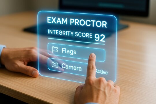 Monitoring exam integrity proctoring technology implementation in educational institutions digital interface office environment close-up view academic integrity