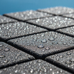 Close-up textured dark square tiles covered in sparkling water droplets under bright light