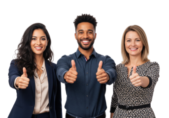 Business team showing thumbs up and smiling isolated on white or transparent background
