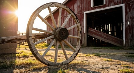 Fototapeta premium Rustic wooden wagon wheel stands silhouetted against a golden sunset near a barn