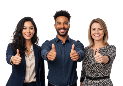 Business team showing thumbs up and smiling isolated on white or transparent background