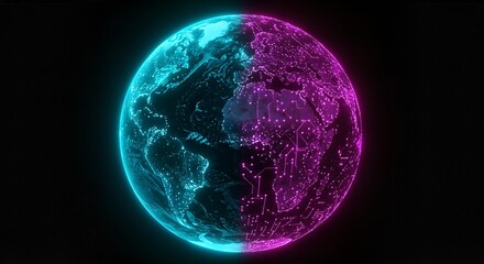 Abstract digital globe glowing with vibrant cyan and magenta light, illustrating global connectivity and data networks on a dark background.
