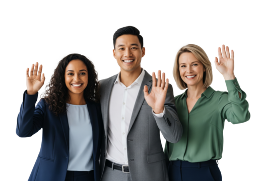 Group of young people waving hands and smiling isolated on white or transparent background