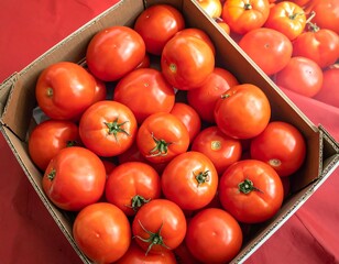 Cardboard box filled with ripe, round tomatoes on red fabric, captured in an overhead shot
