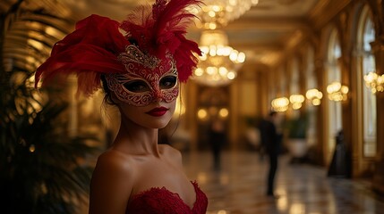 Woman with red feathered mask stands in a gold hall during a masquerade ball