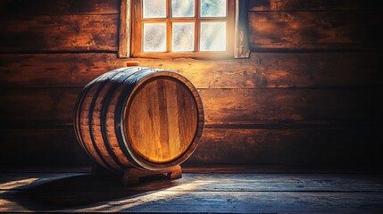 Wood barrel sits against a rustic wooden wall bathed in window light
