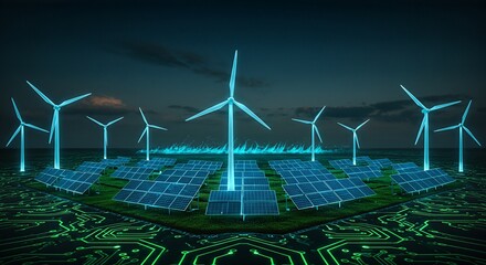 Futuristic renewable energy concept with glowing wind turbines and solar panels on a digital circuit board.