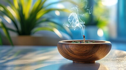 Wooden bowl incense burner with smoke