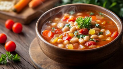 Wooden bowl of steaming bean soup with tomatoes, carrots, and parsley garnish