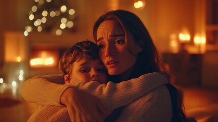 Worried mother hugging her child near a fireplace during the holiday season