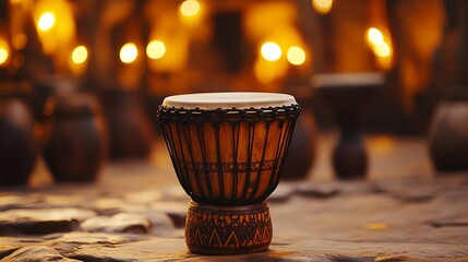Wooden drum stands out amid soft bokeh and pottery against a stone surface