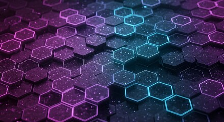 Abstract digital illustration of a hexagonal pattern with a gradient of purple and blue colors.