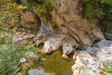 The scenic views of the Horma Canyon (Horma Kanyonu) in the fall season, an amazing place for nature lovers, captivated along the 3,500 m trekking route in the Küre Mountains, Kastamonu, Turkey.