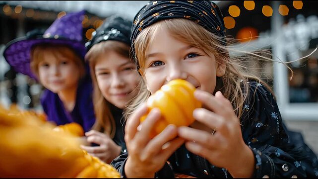 Smiling children dressed in Halloween costumes holding small pumpkins outdoors