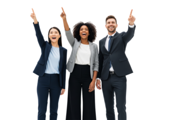 Three business people standing and pointing upward with enthusiasm, expressing inspiration and success, isolated on white or transparent background