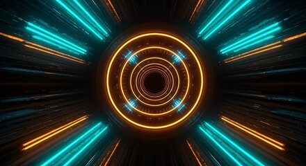A futuristic tunnel with glowing orange and cyan neon rings and lines receding into the distance.