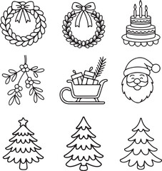 Christmas Santa and Tree Line Icons Set