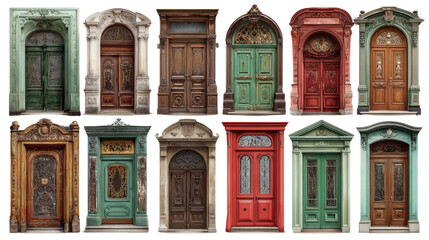 Fototapeta premium Collection of twelve unique ornate doors featuring intricate patterns and decorative craftsmanship showcasing diverse architectural styles isolated on white background 
