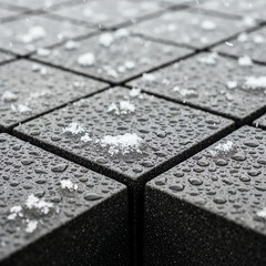 Close-up macro shot of wet dark textured square tiles with glistening water droplets reflecting light.