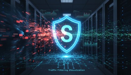Cybersecurity visualization with digital firewall and data protection.